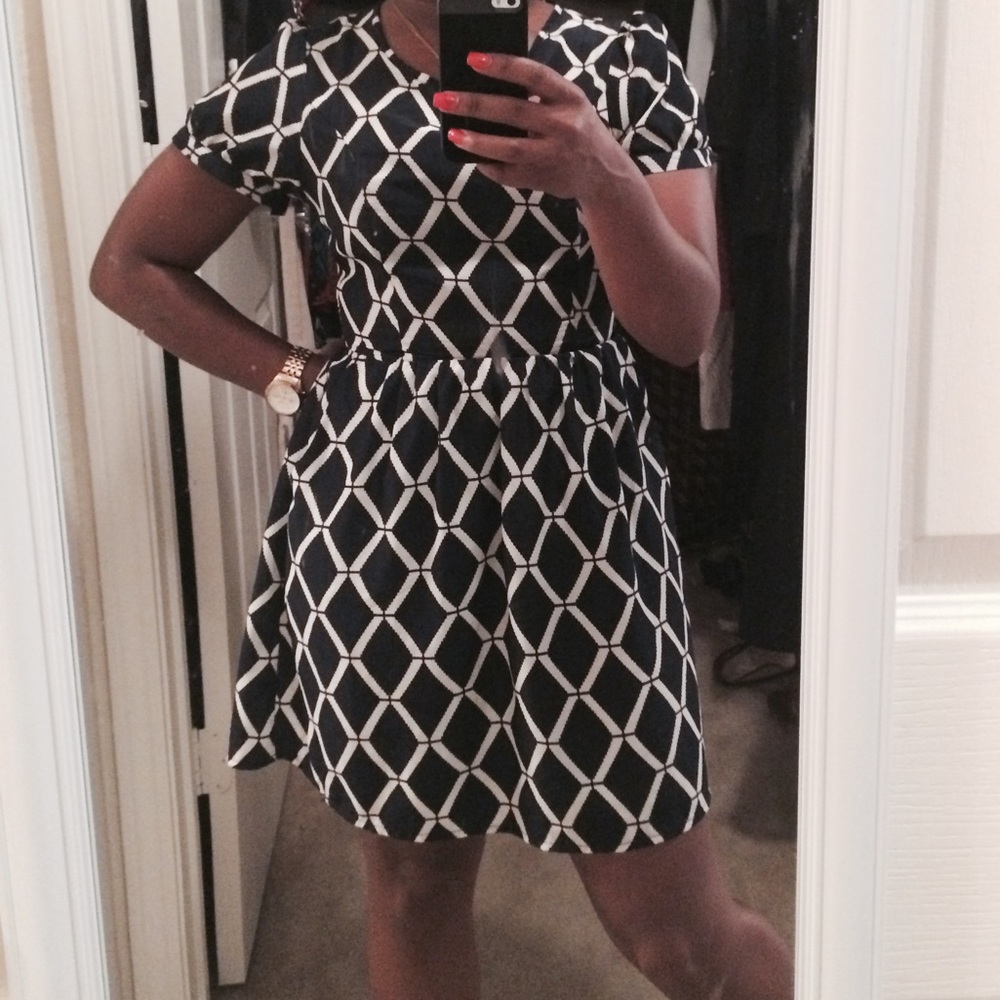 Navy and Creme Patterned Dress with Capped Sleeve